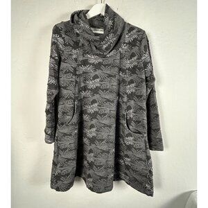 Komil Fossil Flint Tunic Womens Cowl Neck Top Large Gray White Leaf Long Sleeve